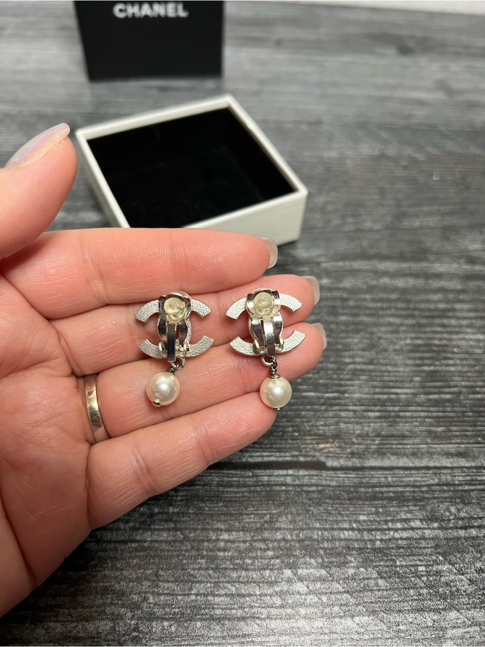CHANEL Silver Pearl CC Logo Clip On Earrings with Pearl Drops with COA - Picture 5 of 8